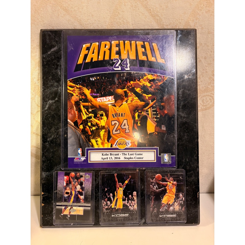 Kobe Bryant Farewell 24 Last Game Plaque with 3 Trading Cards Lakers Staples Ctr